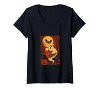 Womens Halloween Pumpkin Ghost Fall Autumn Leaves Scary Graphic V-Neck T-Shirt