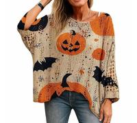 Women's Halloween Pumpkin Print Long Sleeve Knit Top, Spooky Pumpkin Face Sweater, Halloween Sweaters for Women, Fall Sweaters for Women, Casual Loose Pullover Top, Bat Witch Pullover (S) Yellow