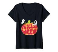 Womens Halloween Pumpkin Spooky Ghost Fall Autumn Season Women Girl V-Neck T-Shirt