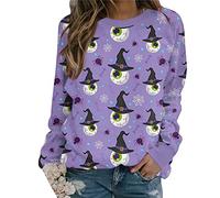 Womens Halloween Pumpkin Sweatshirts Loose Graphic Skull Ghost Cat Print Crewneck Long Sleeve Casual Pullover Shirt Tops (Purple Eye Witch Hat, X-Large)