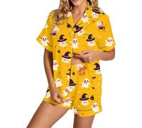 Women's Halloween Pyjama Set, Short Lapel, Comfortable Sleepwear, Ghost Print, Casual Loungewear, Button Placket, Festival Leisure Suit for Carnival + Shorts