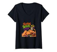 Women's Halloween Resting Witch Face Beachy Sugar Skull Goth V-Neck T-Shirt