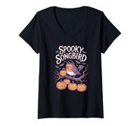 Womens Halloween Robin Songbird Bats and Pumpkins V-Neck T-Shirt