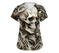 Womens Halloween Scrubs Top V Neck Short Sleeve Uniforms with Pockets