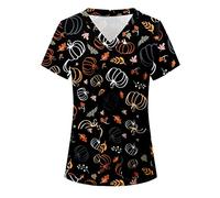 Womens Halloween Scrubs Tops Uniforms Short Sleeve V-Neck Pumpkin Print T-Shirt Tunic Blouse with Pockets T Shirts for Women Health Care Maid Women Nurses Tunic Uniform Clinic Carer Protective Tops