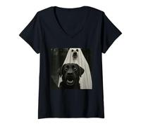 Womens Halloween Selfie Black Lab with Bear Ghost Costume Meme V-Neck T-Shirt