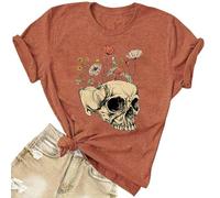 Womens Halloween Shirts Vintage Graphic Tees Funny Ghost Printed Cute Tops Casual Pumpkin Shirt Skull Teen Girl Clothes, Yellow3, L