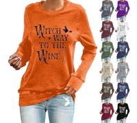 Women's Halloween Shirts Witch Way to The Wine Funny Witch T Shirts Scary Halloween Shirts Long Sleeve Tops Tunic Pullover Festival Outfits (Beige, XXL)