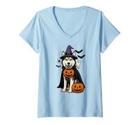 Womens Halloween Siberian Husky Dog, Witch's hat, with Blue Eyes V-Neck T-Shirt