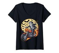 Womens Halloween Skeleton Biker Pumpkin V-Neck T-Shirt