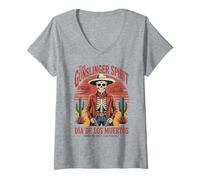 Womens Halloween Skeleton Cowboy Mexican Culture V-Neck T-Shirt