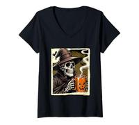 Womens Halloween Skeleton Drink Hot Cocoa Dead Inside Spooky Season V-Neck T-Shirt