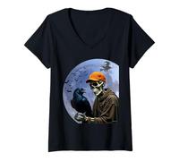 Womens Halloween Skeleton Holding A Crow Under The Full Moon V-Neck T-Shirt
