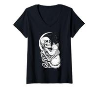 Womens Halloween Skeleton Hugging Cat Mom Dad Cat Lover V-Neck T-Shirt