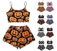 Women'S Halloween Skeleton Print Pajama Set - Lettuce Trim Sleeveless Top and Shorts, Fun Two Piece Spooky Nightwear Outfit, Soft Cotton Feel Loungewear Pyjamas for Ladies Home Relax