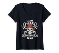 Women's Halloween Skull Let the Pirate Shenanigans Begin Funny V-Neck T-Shirt