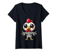 Womens Halloween Spooky Cute Chicken Skeleton Funny Farm Animal V-Neck T-Shirt