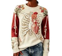Women's Halloween Sweater Long Sleeve Crew Neck Skeleton Print Cute Jumper | Retro Pullover Knit Sweatshirts Loose Soft Comfortable Autumn Sweaters Funny Halloween Themed Costume Fashion Holiday Clothes