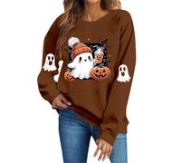 Women's Halloween Sweatshirt Cute Pumpkin Ghost Printed Sweatshirt Slouchy Soft Long Sleeve Sweatshirts Halloween Theme Crew Neck Pullover Tops Casual Lightweight Jumper Spooky Season Pullover Brown