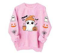 Women's Halloween Sweatshirt Drink Ghost Beanie Sleeve Print Jumper | Cute drink beanie ghost, spider web sleeve prints, bats, sweatshirts and jumpers for autumn Halloween parties.