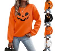 Womens Halloween Sweatshirt Print Round Neck Pullover Long Sleeve Top Casual Loose Fit O Neck Jumper Lightweight Cozy Blouse Halloween Party Costume Outfit Autumn Winter Tops (D, XL)