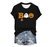 Womens Halloween T Shirts SPI Der Print Crew Neck T Shirt Ladies Pumpkin Ghost Cat Bat Print Tops Fall Blouse Basic Pullover Halloween Costumes Black