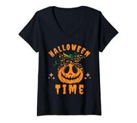 Women's Halloween Time Pumpkin Leopard Print Bow Bandana Cute V-Neck T-Shirt