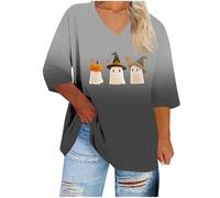 Womens Halloween Tops 2025 3/4 Sleeve Crewneck Festival Comfy Shirts Outdoor Witch Pumpkin Funny Ghost Cat Ladies T Shirt Tops for Women UK Plus Size Black 5XL
