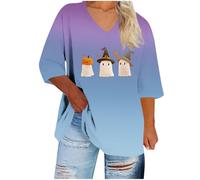 Womens Halloween Tops 2025 3/4 Sleeve Crewneck Festival Comfy Shirts Outdoor Witch Pumpkin Funny Ghost Cat Ladies T Shirt Shirts for Women UK Office Sky Blue 5XL
