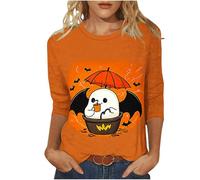 Womens Halloween Tops Outdoor 3/4 Sleeve Bat Pumpkin Print Shirt Casual Festival Funny Comfy Spooky Cat Cute Ghost Ladies Costume Summer top Women Orange XL