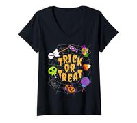 Womens Halloween Trick-or-Treat with Candy and Cobweb V-Neck T-Shirt