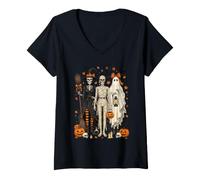 Women's Halloween Trio Shirt Witch Mummy Ghost Skeleton Pumpkin V-Neck T-Shirt