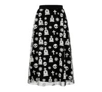 Womens Halloween Tulle Midi Skirt, Flocked Print A-Line Mesh Witch Skirts | Double Layer Mesh Skirt with High Elastic Waist, Flocked Halloween Fun Print. Perfect for Witch Costume, Parties, Cosplay