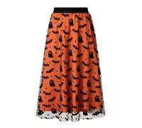 Womens Halloween Tulle Midi Skirt, Flocked Print A-Line Mesh Witch Skirts | Double Layer Mesh Skirt with High Elastic Waist, Flocked Halloween Fun Print. Perfect for Witch Costume, Parties, Cosplay