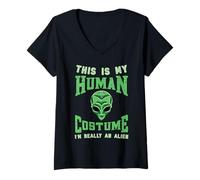 Womens Halloween UFO This is My Human Costume Im Really Alien Funny V-Neck T-Shirt