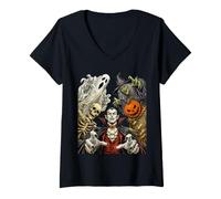 Women's Halloween Vampire Witch Ghost Pumpkin Skeleton Scarecrow V-Neck T-Shirt