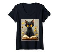 Womens Halloween Vibes Adorable Black Cat Book Lover Spooky V-Neck T-Shirt