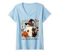 Women's Halloween We Haunt At Dawn Ghost Cat Cottagecore Halloween V-Neck T-Shirt