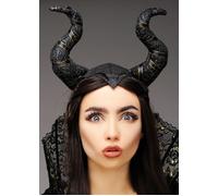 Womens Halloween Wicked Queen Maleficent Style Black Glitter Fancy Dress Horns