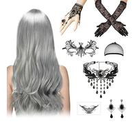 Women's Halloween Wig, 70 cm Grey Long Wavy Curly, Grey Wig Women's Halloween Accessories with Gothic Necklace Bracelets, Lace Mask Gloves for Halloween, Carnival, Cosplay Party