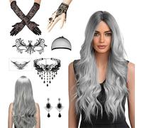 Women's Halloween Wig, 70 cm Halloween Wig Women, Grey Wig Women, Halloween Accessories Women with Hair Net, Lace Mask and Gothic Necklace Bracelets for Halloween, Carnival, Cosplay Party