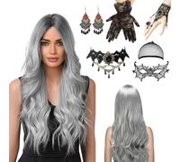 Women's Halloween Wig, 70 cm Halloween Wig Women, Grey Wig Women, Halloween Accessories Women with Hair Net, Lace Mask and Gothic Necklace Bracelets for Halloween, Carnival, Cosplay Party