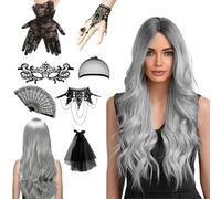 Women's Halloween Wig, 70 cm Halloween Wig Women, Grey Wig Women, Halloween Accessories Women with Hair Net, Lace Mask and Gothic Necklace Bracelets for Halloween, Carnival, Cosplay Party