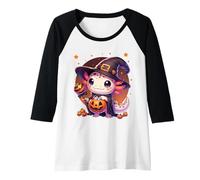 Womens Halloween Witch Axolotl Trick or Treat Girls Women Raglan Baseball Tee
