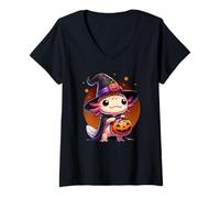 Womens Halloween Witch Axolotl Trick or Treat Girls Women V-Neck T-Shirt