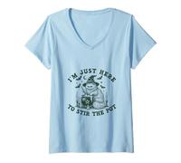Womens Halloween Witch Cat Says I'm Just Here to Stir The Pot V-Neck T-Shirt