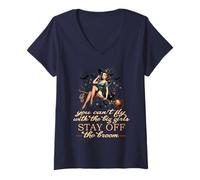 Womens Halloween Witch Funny Fly with The Big Girls Pin Up Satire V-Neck T-Shirt