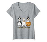 Womens Halloween Witch Goose Retro Ghost Pumpkin Animals Lover V-Neck T-Shirt