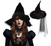 Women's Halloween Witch Hat With Long Veil - Gothic Floral Pointed Wide Brim Black Velvet Ruched Wizard Costume Hat With Rose Flower Headwear for Cosplay Party Fancy Dress