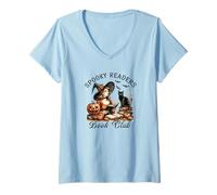 Womens Halloween Witch Reading Spooky Readers Black Cat Book Club V-Neck T-Shirt